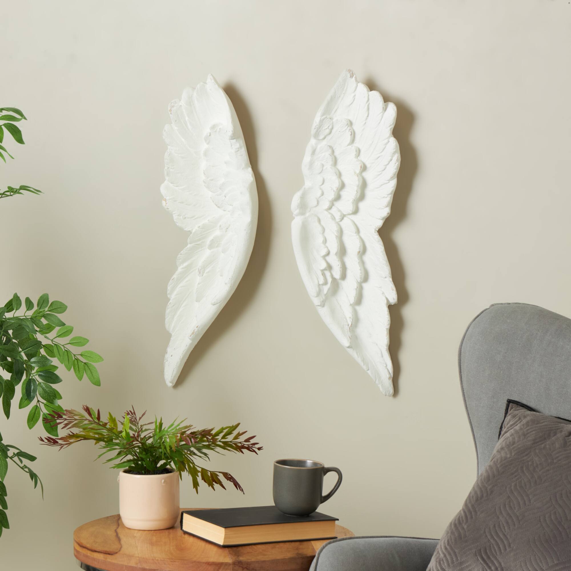 27" White Magnesium Oxide Bird Carved Wings Wall Décor Set